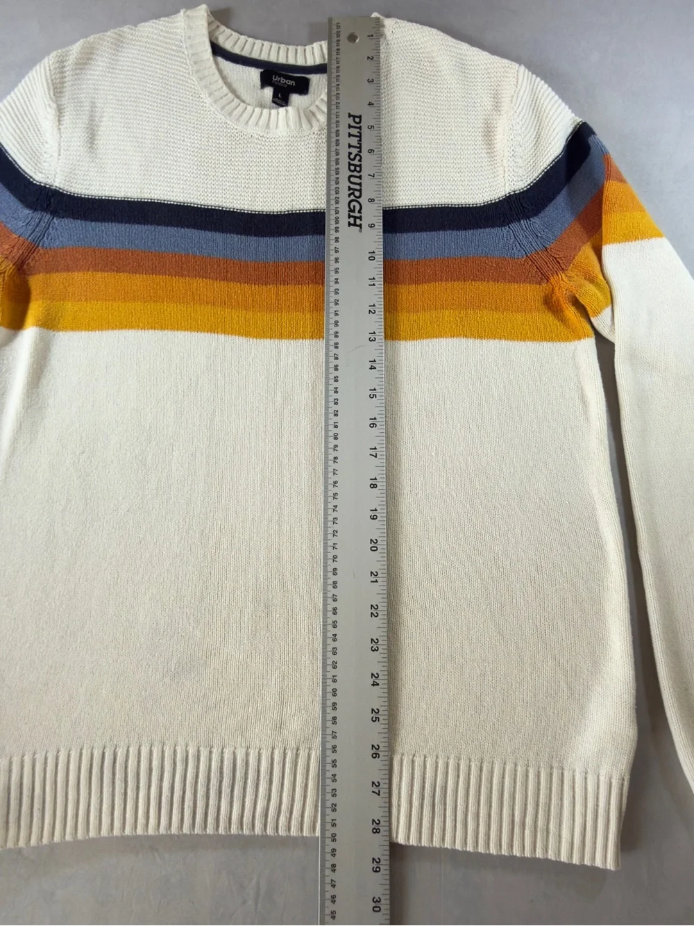 Club Room Cream Crewneck Sweater with Sunset Stripe Detail